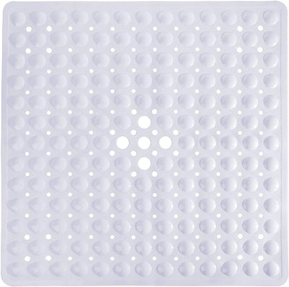 Yimobra Shower Stall Mat Non Slip, 21x21 Inch, Soft Square Bath Mat for Shower with Suction Cups and Drain Holes, Stall Floor Mats for Bathroom, Machine Washable, Bathroom Accessories, White