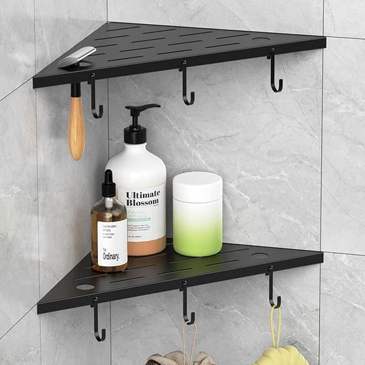 Corner Shower Shelves, 10" Matte Black 304 Stainless Steel Recessed Shelf for Bathroom，Grout in Shelf with Hooks for Tiled Wall 2 Pack (Black)