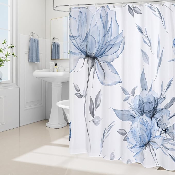Extra Long Boho Watercolor Floral Shower Curtain 72 x 84, Blue and Grey Ink Painting Style Flower Shower Curtains for Chic Elegant Bathroom, Artistic XL Fabric Cloth Shower Curtain