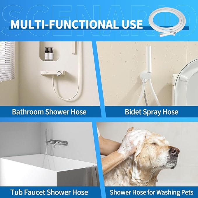98" PVC Shower Hose Replacement Handheld Kink Free Stainless Steel Shower Head Wand Hose Extension Extra Long with Brass Insert and Nut, Durable & Flexible for Pet Bathing Cleaning