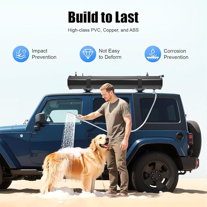 Pressurized Water Tank Portable Roof Rack Water Tank Over-Landing Pressurized Water Tank on Off-Road Vehicle with Shower, Hose & Storage Bag for Camping, Water Storage