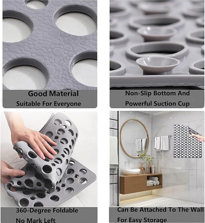 Casa and Beyond Shower Mat,Non Slip Bath Mat and Shower Mat with Suction Cups and Drain Holes,Bathroom Mat Easy to Clean Soft Machine Washable,Bathtub Mat Easy Dry&Cut (Gray,28" x 28"(Rectangular))