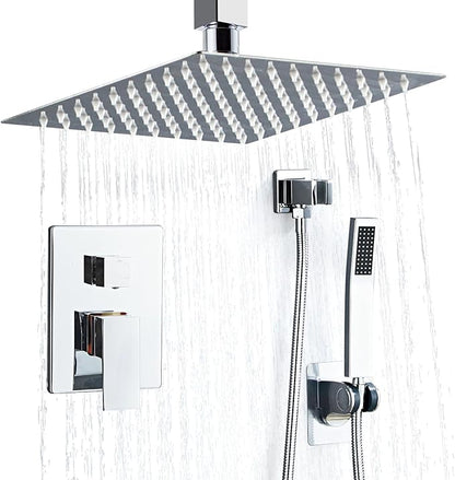 10 Inch Ceiling Mount Shower Faucet Set, Silver Rainfall Shower System with Valve Trim, Square Rain Shower Spray Combo Luxury Shower Fixtures Polish Chrome Shower Head and Handle Set