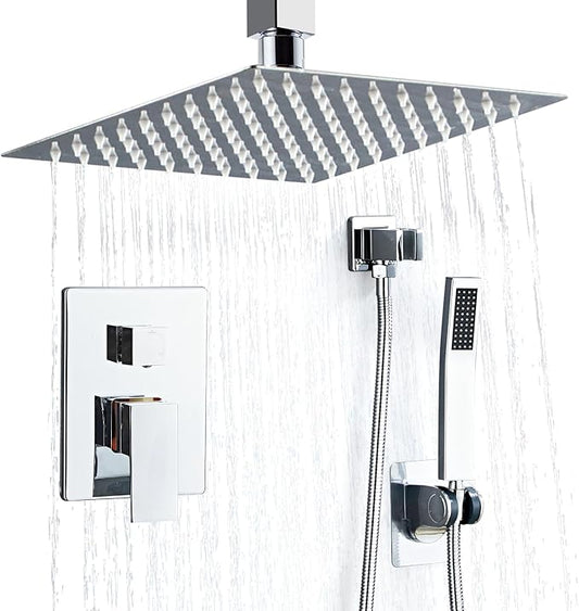 12 Inch Ceiling Mount Shower Faucet Set, Silver Rainfall Shower System with Valve Trim, Square Rain Shower Spray Combo Luxury Shower Fixtures Polish Chrome Shower Head and Handle Set