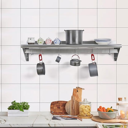 Hally Stainless Steel Shelf with 6 Hooks 14" x 48" Wall Mounted Pot Rack 350lb, NSF Commercial Floating Shelving for Storage Hanging Pots, Pans, cookware in Restaurant, Kitchen, Home and Hotel