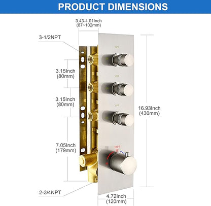 3 Way Shower Diverter Valve - Brushed Nickel, 3 Function Thermostatic Mixer Brass Valve with Individual On/Off Flow Control, Ideal for Shower Arm & Shower Kit