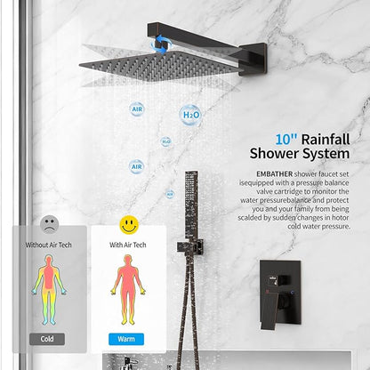 EMBATHER Oil Rubbed Bronze Shower System -10 Inches Shower Faucet Set with Square Rain Shower Head and Handheld High Pressure Shower Combo Set for Bathroom Wall Mounted (Contain Rough-in Valve & Trim)