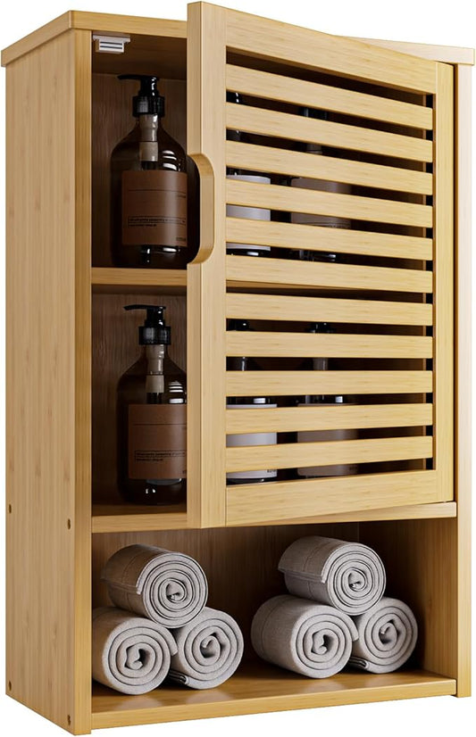 HITNET Bathroom Wall Cabinet, Medicine Cabinet Over The Toilet, Bamboo Hanging Storage Organizer with Single Door and Open Bottom Shelf, for Kitchen Living Room, Natural