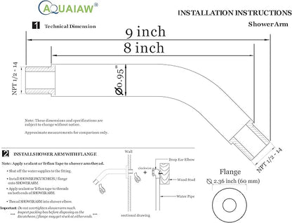 Aquaiaw Shower Arm and O-Ring Flange, 8 inch, Solid Brass, Round, Both Soldered 1/2 NPT Tapered Threads, Wall Mount Shower Arm Extension, Rain Shower Head Arm, PVD Brushed Brass (Matte Brushed Gold)