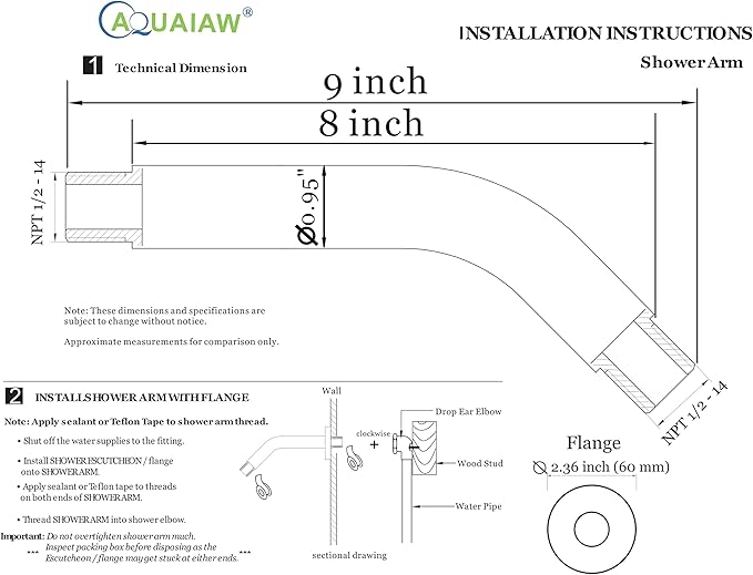 Aquaiaw Shower Arm and O-Ring Flange, 8 inch, Solid Brass, Round, Both 1/2 NPT Tapered Threads, Matte Black Wall Mount Shower Arm Extension with Escutcheon, for Rain Shower Head Max. 12 inch