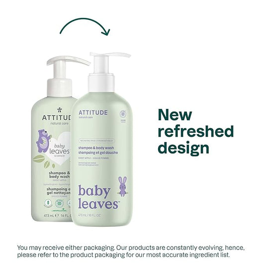 ATTITUDE 2-in-1 Shampoo and Body Wash for Baby, EWG Verified, Dermatologically Tested, Made with Naturally Derived Ingredients, Vegan, Sweet Apple, 16 Fl Oz