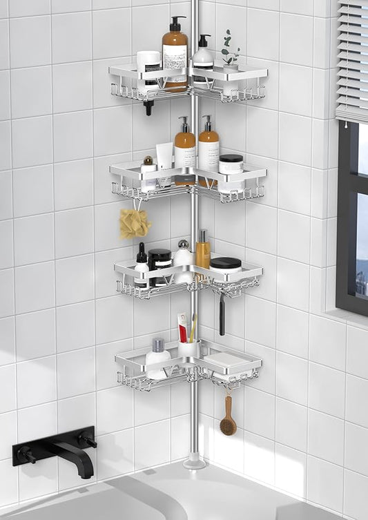 KEGII SUS304 Corner Shower Organizer, Stainless Steel Tension Pole Corner Bathroom Caddy, No Drilling Required Adjustable Shower Shelf for Inside Showers, Silver