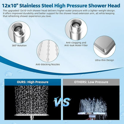 Hibbent All Metal Shower Head, 12'' High Pressure Rain Shower Head/Handheld Showerhead Combo with 16'' Adjustable Arc-shaped Extension Arm, 10 Sprays, 71'' Hose, Adhesive Showerhead Holder, Chrome