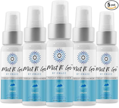 Mist N’ Go by Omaze Travel Bathroom Spray for Toilet Spray Odor Eliminator - Travel Toilet Spray for Bathroom Air Freshener Spray for Bathroom Deodorizer - Dream Regular Size (2oz x5)