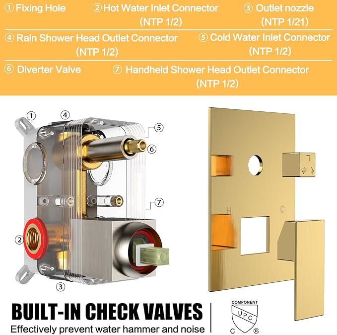 Rain Shower System 12 inch Shower Faucet Set with Tub Spout,Bathroom Wall Mounted Waterfall Shower Head Bath tub Faucet Sets Complete with Handheld Spray,Included Valve Body and Trim kit,Brushed Gold