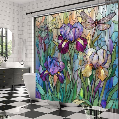 Stained Glass Shower Curtain Artistic Iris Dragonfly Purple Floral Green Leaves Abstract Nature Plant Spring Summer Modern Botanical Fabric Bathroom Decor Curtains with Hooks,70 x 82