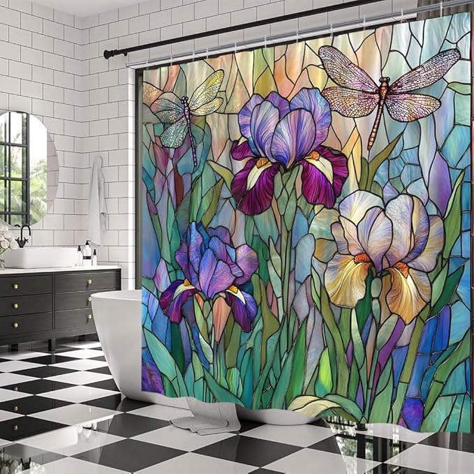 Stained Glass Shower Curtain Artistic Iris Dragonfly Purple Floral Green Leaves Abstract Nature Plant Spring Summer Modern Botanical Fabric Bathroom Decor Curtains with Hooks,90 x 70