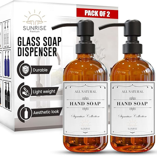 2 Pack Amber Glass Soap Dispenser 16 OZ with Matte Black Stainless Steel Pump, Hand and Dish Soap Dispenser Set for Bathroom and Kitchen Sink with 6 Waterproof Labels