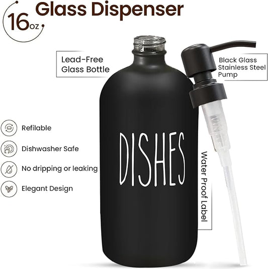 16 OZ Thick Black Glass Soap Dispenser, Matte Black Stainless Steel Pump 2 Pack, Hand and Dish Soap Dispenser Set for Bathroom with 6 Waterproof Labels