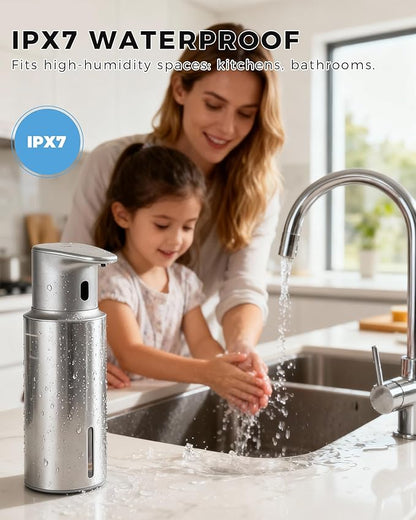 Automatic Liquid Soap Dispenser Touchless, 304 Stainless Steel Bottle Body &16.2oz/480ml Rechargeable, 3 Adjustable Liquid Levels, IPX7 Waterproof, for Kitchen Bathroom, Stainless Steel