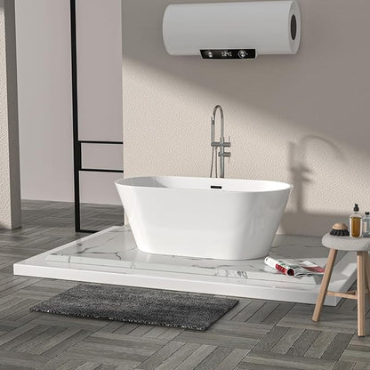 Logmey 59 Inch White Acrylic Freestanding Bathtub Oval Shape Soaking Tub with Black Drain & Overflow Assembly for Classic and Modern Bathrooms