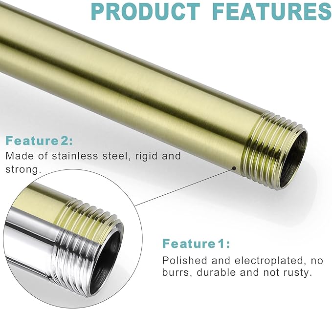 BESTILL 12 Inch Ceiling Mount Rain Shower Head Arm and Flange, Brushed Gold