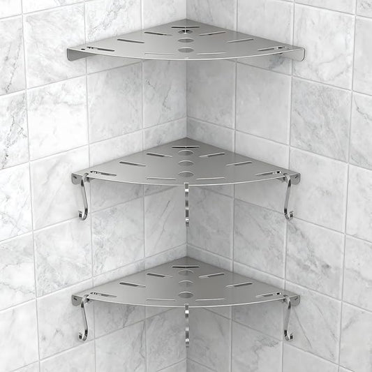 XIHLZYEH Corner Shower Shelves, 3 Pack 304 Stainless Steel Shower Shelf with 6 Hooks 40 lbs Heavy Duty, Rustproof Wall Mounted Organizer for Bathroom Drilling Installation(Silver)