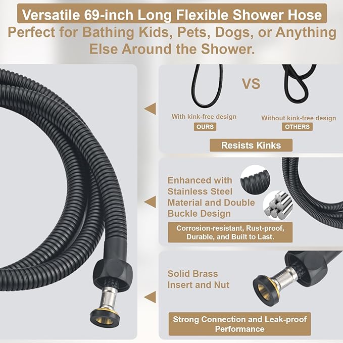 Adjustable Shower Slide Bar with 5-Function Handheld Shower Head, Stainless Steel Grab Slide Bar Combo with Extra Hose (Matte Black)
