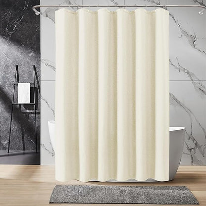 Inhousolu Fabric Shower Curtain Waffle Weave, 230 GSM Heavy Duty, Weighted Hem, 14 Metal Hooks, Water Repellent, Machine Washable, Hotel Spa Luxury Bath Curtain Set, 72 x 84 Inch, Ivory