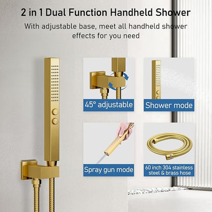 Brushed Gold Shower System, STARBATH Ceiling Mounted 12+8 Inch Rainfall Shower Head with 2 in 1 High Pressure Handhled, Can Use All at Once, Push Button Diverter Thermostatic Valve with Trim Kit