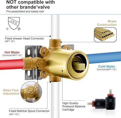 KENES Brushed Gold Tub and Shower Trim Kit, Square Tub Shower Faucet Set Complete with 10-Inch Rainfall Shower Head and Tub Spout, KE-6024A-4 (Shower Valve Included)
