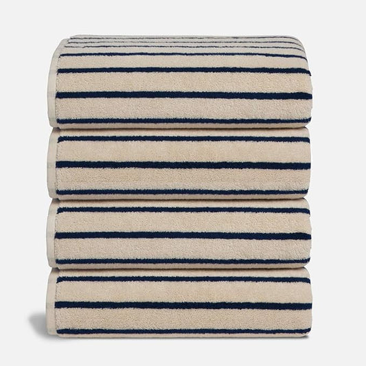 Brooklinen Super-Plush Turkish Cotton Bath Towels - Set of 4 - Cotton, 820 GSM, Highly Absorbent, Machine Washable, Perfect for Home & Bathroom (30" x 58", Striped Navy)