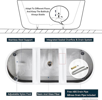FerdY 67" Shangri-La Elite, Acrylic Freestanding Bathtub, Modern & Contemporary Design Soaking Tub with Brushed Nickel Pop-Up Drain and Minimalist Design Overflow, Glossy White, cUPC Certified