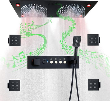 Smart Matte Black Rain LED Ceiling Shower Head With Handheld Spray, 12.5X24.5 Inch Super Large Rectangle Thermostatic Rainfall Shower System Fixtures Set And Body Jets For Double Bath