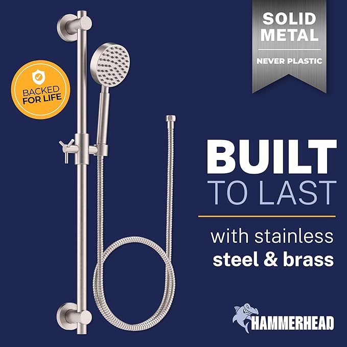 HammerHead Showers® SOLID METAL 27.5 Inch Shower Slide Bar Set and Handheld Shower Head with Hose — BRUSHED NICKEL — 1.75 GPM Low Flow Spray Wand — Easily Adjust Height & Angle of Handshower