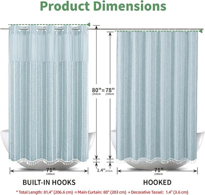 No Hook Long Shower Curtain Set with Snap-in Fabric Liner,Linen Textured Thick Striped Fabric with Tassels,Boho Farmhouse Rustic Luxury Bathroom Curtain,Water-Repellent,Fog Blue,71x80