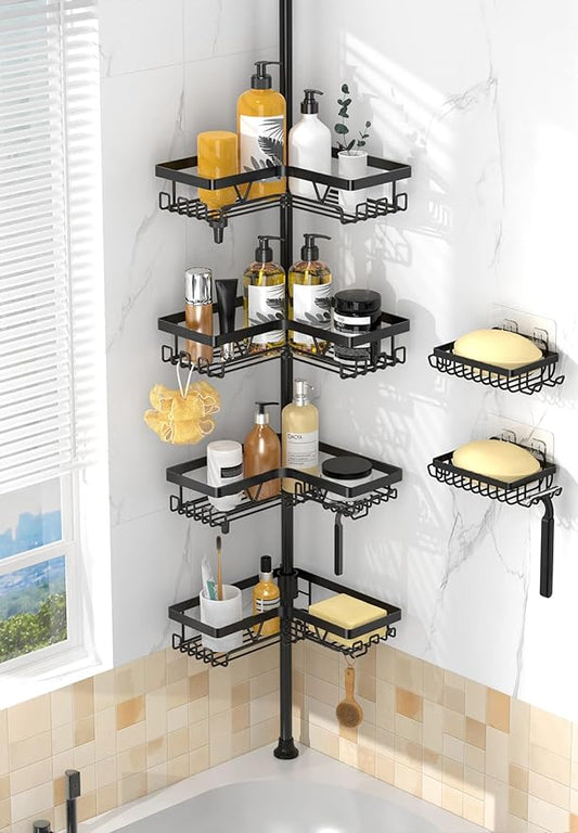 Corner Shower Caddy - 4-Tier Shower Caddy Tension Pole with 2 Removable Soap holders Bathroom Shampoo Holder for Bathtub & Corner, Black, Floor to Ceiling 25-114.2 inch