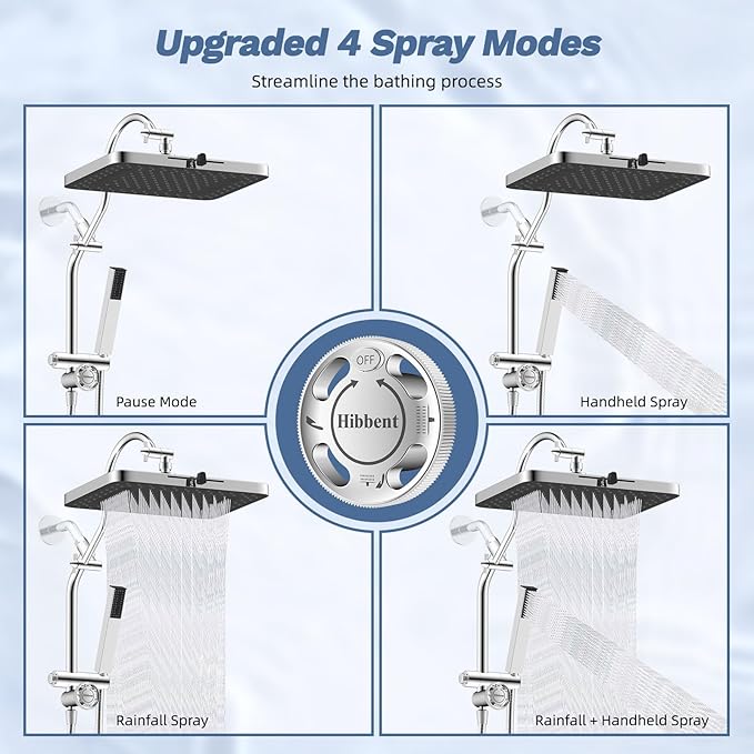 Hibbent Upgraded cUPC Certified 13'' Shower Head Combo, High Pressure 5-spray Rainfall Showerhead, Stainless Steel 4 Modes Handheld Spray, All Metal 4-way Diverter Arm, 71'' Hose & Holder, Chrome