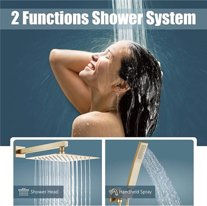 Aolemi Shower Faucet Set Rain Shower System with Handheld Spray Bathroom Shower Combo Rough-in Valve and Shower Trim Kit Included Brushed Gold 12 Inch Wall Mount Shower Head