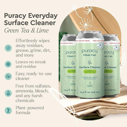 Puracy Multi-Surface Cleaner Clean Can - Plant-Powered Everyday Surface Cleaner - Natural All Purpose Cleaning Solution As Seen on TikTok (Green Tea & Lime, 3 Pack Refill)