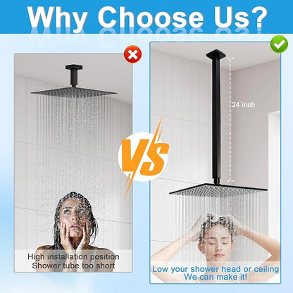 Shower Arm with Flange 24 Inches Ceiling Mount Square Straight Extender Extension Pipe Replacement, Extra Long Shower Arm For Fixed Rain Shower Head or High Ceiling, Matte Black