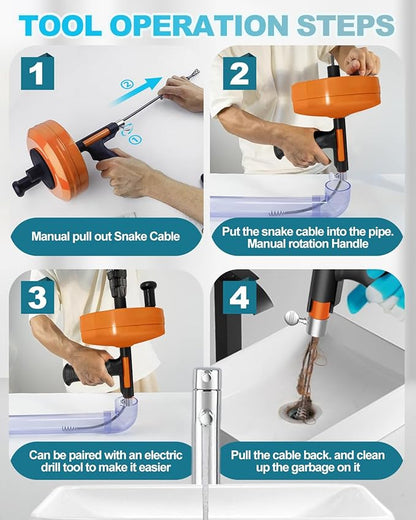 Drain Auger, Plumbing Snake with Drill Adapter, 25 ft Flexible Drain Snake Clog Removal Tool Use Manually or Powered for Kitchen Bathroom Shower Sink, Come with Gloves and Cloth Bag (Orange)