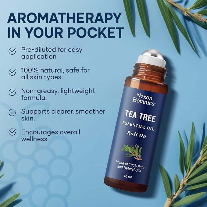 Tea Tree Oil Roll-On 10 ml - 100% Pure, Natural Essential Oil for Aromatherapy, Skin, Face & Body - Pre-Diluted Blend for Travel - Nexon Botanics