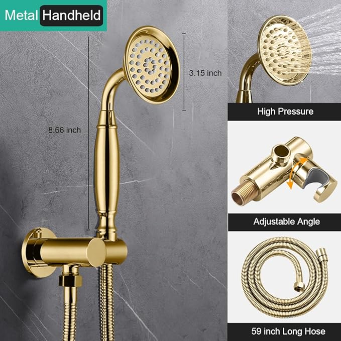 Dual Antique Shower Head System with Tub Spout: 9" Ceiling Mounted Rain & 6" Wall Mount Rainfall, Handheld Spray Vintage Faucet Set, 4 Way Diverter Brass Valve with Trim Kit, Gold