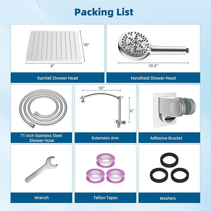 Hibbent All Metal Shower Head, 10'' High Pressure Rain Shower Head/Handheld Showerhead Combo with 16'' Adjustable Arc-shaped Extension Arm, 10 Sprays, 71'' Hose, Adhesive Showerhead Holder, Chrome