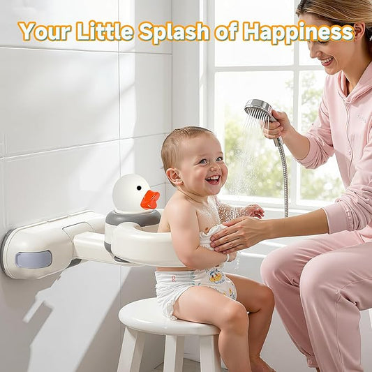 Baby Bath Stand with Pressable Duck Toy, No-Drill Interactive Bath Support with Adjustable Height & Non-Slip Suction Cups, Hands-Free Helper for Newborns & Toddlers 0-36 Months