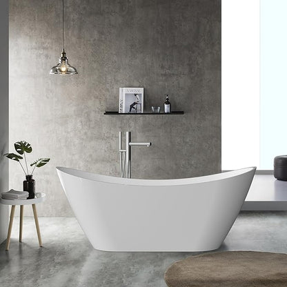 59 in Acrylic Freestanding Bathtub, Contemporary Stand Alone Tub,Glossy White Soaking Tub,with Chrome Overflow and Drain, CUPC Certified