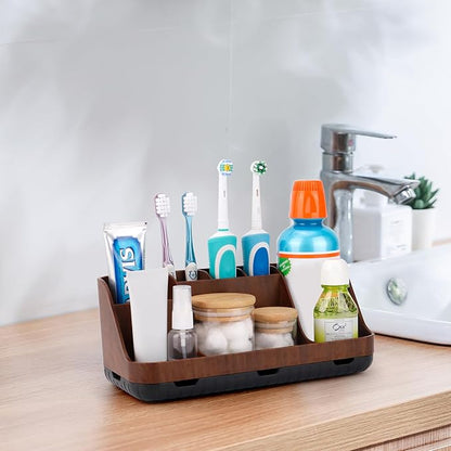 Wood Toothbrush Holders for Bathrooms Countertop Organizer - Detachable 7 Slots Kid Bathroom Decor and Accessories, Wooden Bathroom Sink Storage Organization, Caddy, Tray, Brown