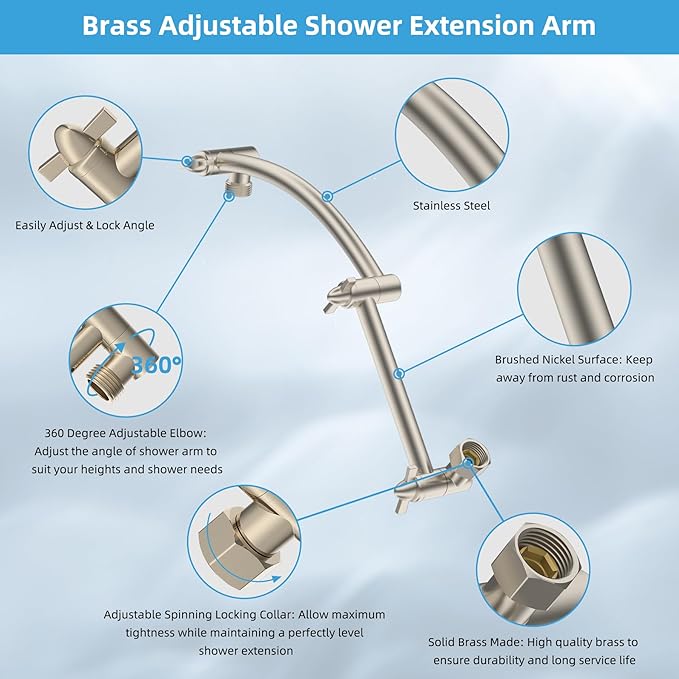 Hibbent All Metal cUPC Certified Rain Shower Head, 10'' High Pressure Rainfall Showerhead with 16" Shower Head Extension Arm, Brass Adjustable Shower Arm Extender, fixed Showerheads, Brushed Nickel