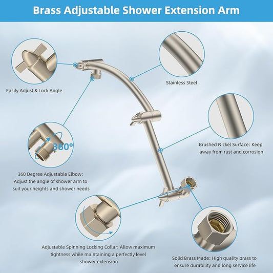 Hibbent All Metal cUPC Certified Rain Shower Head, 10'' High Pressure Rainfall Showerhead with 16" Shower Head Extension Arm, Brass Adjustable Shower Arm Extender, fixed Showerheads, Brushed Nickel